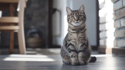 Portrait of a American wirehair cat sitting on the floor with home background, Fluffy short hair kitty. Adorable domestic pet concept.