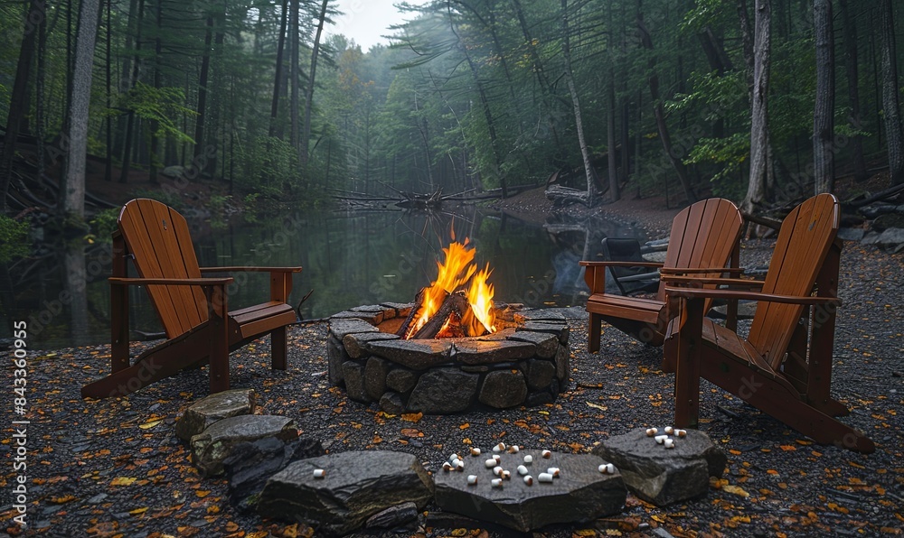 Poster A Cozy Campfire Setup with Comfortable Camping Chairs and a Small Firepit