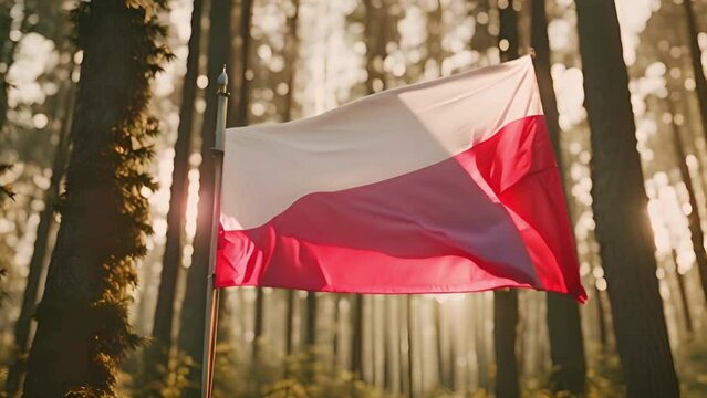 Zbliżenie na polską flagę w lesie