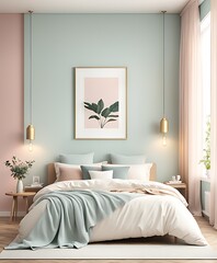 Mockup white empty frame in light cozy and simple bedroom interior background, 3d render