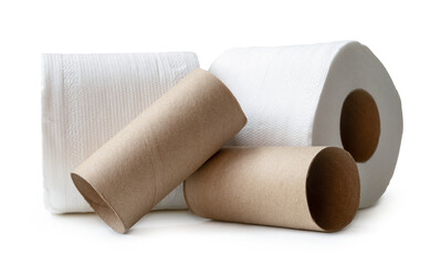 Two rolls of white tissue paper or napkin prepared for use in toilet or restroom with cores in stack isolated with clipping path and shadow in png file format