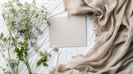 Blank paper card with copy space and white flowers on white fabric background