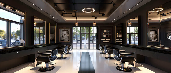 A modern barber shop with sleek black leather chairs, minimalist decor, and professional barbers meticulously cutting clients' hair under bright, focused lighting