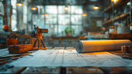 Drawings and tools on a panoramic construction site, highlighting intricate details with realistic lighting.generative ai