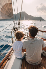 Rear view of a father and son enjoying quality time together while sailing on a luxurious yacht