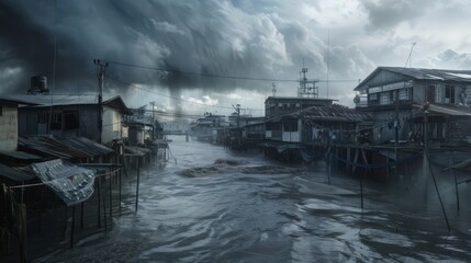 Obraz premium Bad weather conditions with lots of clouds, high waves and strong winds cause flooding due to the La Niña phenomenon.