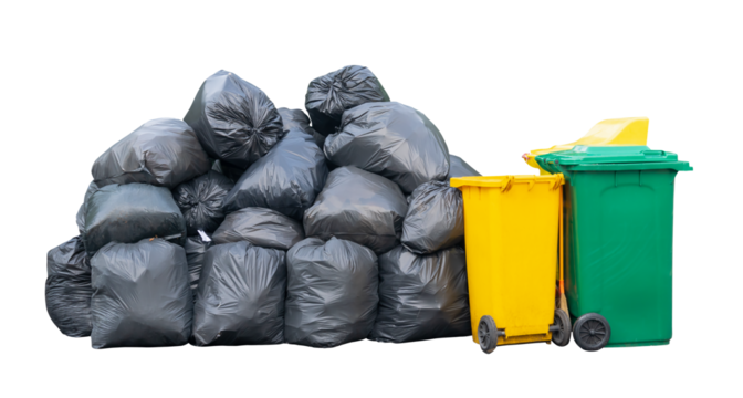 Front view of giant stack of garbage in black plastic bag with wheeled plastic bin or can isolated with clipping path in png file format
