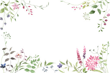 Floral rectangle frame of abstract green plants with wildflowers. Watercolor isolated illustration with hand drawn design elements for cover, invitation or greeting cards, delicate background.