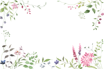 Floral rectangle frame of abstract green plants with wildflowers. Watercolor isolated illustration with hand drawn design elements for cover, invitation or greeting cards, delicate background.