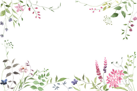 Floral rectangle frame of abstract green plants with wildflowers. Watercolor isolated illustration with hand drawn design elements for cover, invitation or greeting cards, delicate background.