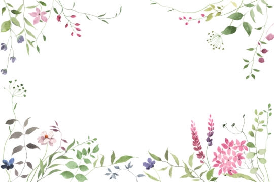 Floral rectangle frame of abstract green plants with wildflowers. Watercolor isolated illustration with hand drawn design elements for cover, invitation or greeting cards, delicate background.