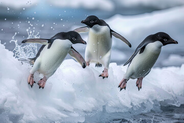 Fototapeta premium Adelie penguins leaping out of the water onto an ice edge in their natural habitat