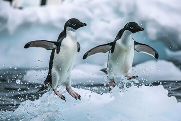 Obraz premium Adelie penguins leaping out of the water onto an ice edge in their natural habitat