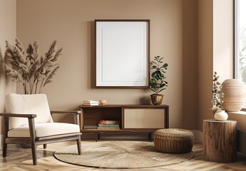 Beige living room interior with armchair, sofa and wooden tv stand mock up on wall with poster frame