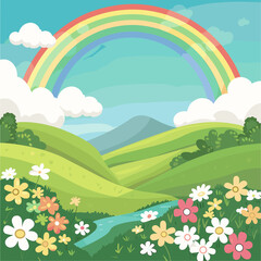 Obraz premium A cartoon rainbow over rolling hills with flowers in the foreground, clip art style, simple background, vector illustration