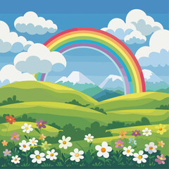 Fototapeta premium a cartoon rainbow over green hills with flowers and clouds in the background