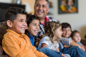 Fototapeta premium Family Engaged in Learning Dental Hygiene at Home Parents and Children Watching Educational Video in Living Room During Oral Health Month