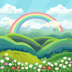 Fototapeta premium cartoon style, rainbow over green hills with flowers in the foreground, cartoon sky, cartoon clouds