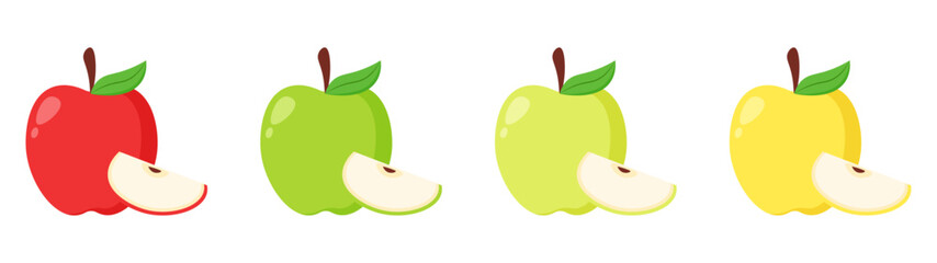 Set of apple slice and whole fruit ripe tropical summer fruit icon illustration sticker