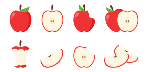Fresh red apple half, slice and whole fruit cartoon illustration