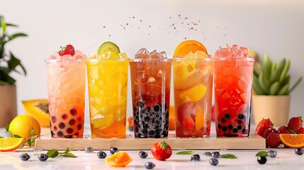 Colorful assortment of refreshing bubble tea drinks with assorted fruit flavors, adorned with fresh fruits and bubbles in tall glasses.
