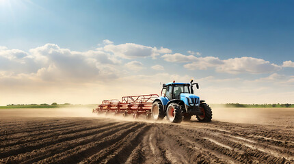 Obraz premium An irrigation tractor driving spraying or harvesting an agricultural crop banner design for agriculture industry and food supply production concepts, from wide far perspective with copy space 