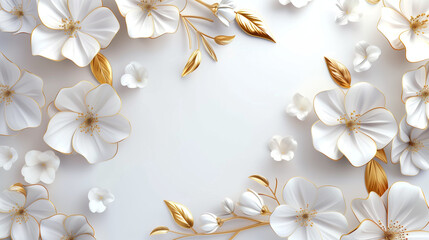 White flowers with golden leaves on white background. White and golden luxury 3d floral background 