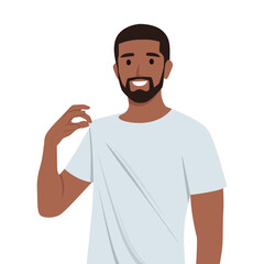 Young bearded man looking arrogant holding his shirt, successful, positive and proud. Flat vector illustration isolated on white background