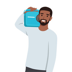 Young bearded man holding a vintage radio. music concept. Flat vector illustration isolated on white background