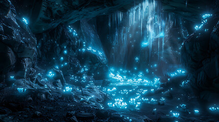 A cave with blue stalactites and stalagmites