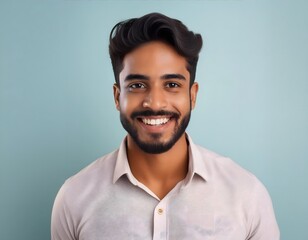 Obraz premium Headshot portrait of smiling young Indian man isolated on studio background