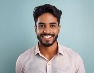 Obraz premium Headshot portrait of smiling young Indian man isolated on studio background