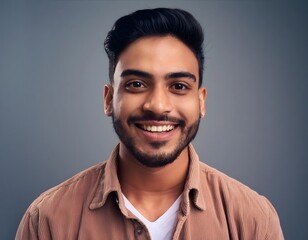 Fototapeta premium Headshot portrait of smiling young Indian man isolated on studio background