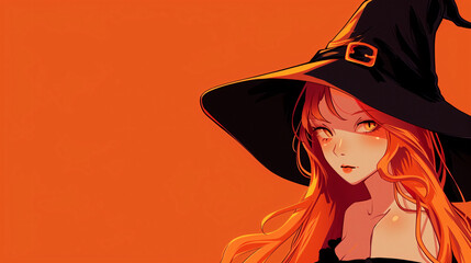 witch in halloween anime style, orange copy space