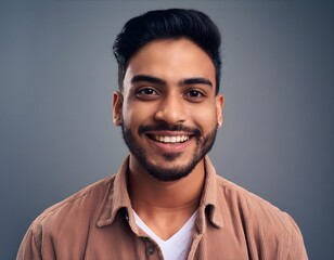 Fototapeta premium Headshot portrait of smiling young Indian man isolated on studio background