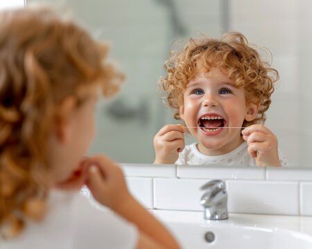 Cheerful Child Flossing Teeth with Parental Support During Oral Health Month in Bright Bathroom