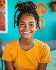 Bright Smiling Young Girl with Dreadlocks in Colorful Home Setting, Enjoying a Sunny Afternoon