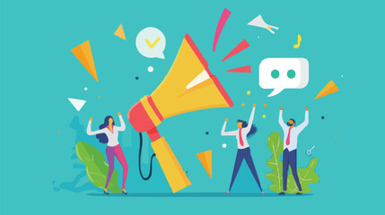 People announce advertising with megaphone vector illustration. Awareness focus loud speaker man and woman. Business banner marketing group media. Speech news promotion network leadership poster