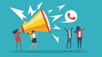 People announce advertising with megaphone vector illustration. Awareness focus loud speaker man and woman. Business banner marketing group media. Speech news promotion network leadership poster
