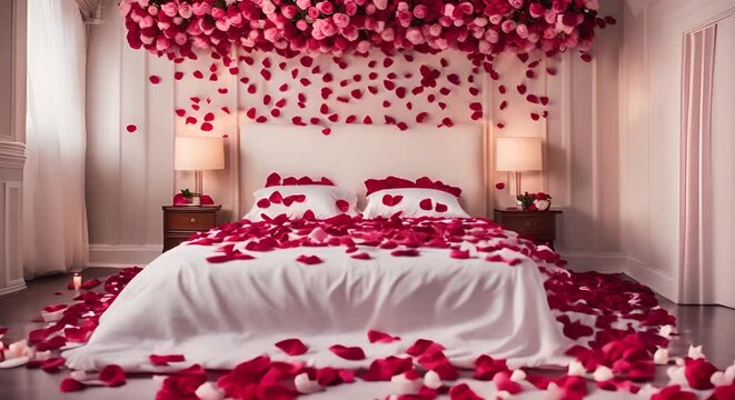The honeymoon bed was decorated with red rose petals on the sheets