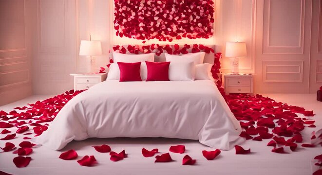 The honeymoon bed was decorated with red rose petals on the sheets