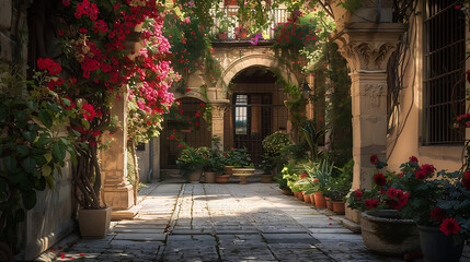 A courtyard with a lot of flowers and plants
