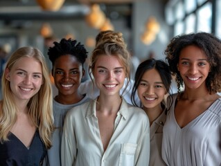 Obraz premium Four young women of different ethnicities stand close together, smiling brightly at the camera
