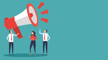 People announce advertising with megaphone vector illustration. Awareness focus loud speaker man and woman. Business banner marketing group media. Speech news promotion network leadership poster