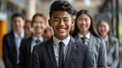 Fototapeta premium A young man in a suit smiles confidently while standing in a line of business professionals