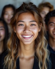 Fototapeta premium A close-up portrait of a young woman with long, wavy hair, smiling brightly at the camera