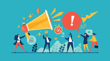 People announce advertising with megaphone vector illustration. Awareness focus loud speaker man and woman. Business banner marketing group media. Speech news promotion network leadership poster