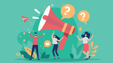 People announce advertising with megaphone vector illustration. Awareness focus loud speaker man and woman. Business banner marketing group media. Speech news promotion network leadership poster