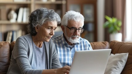 An elderly couple sits on a couch and uses a laptop together