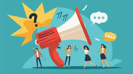 People announce advertising with megaphone vector illustration. Awareness focus loud speaker man and woman. Business banner marketing group media. Speech news promotion network leadership poster